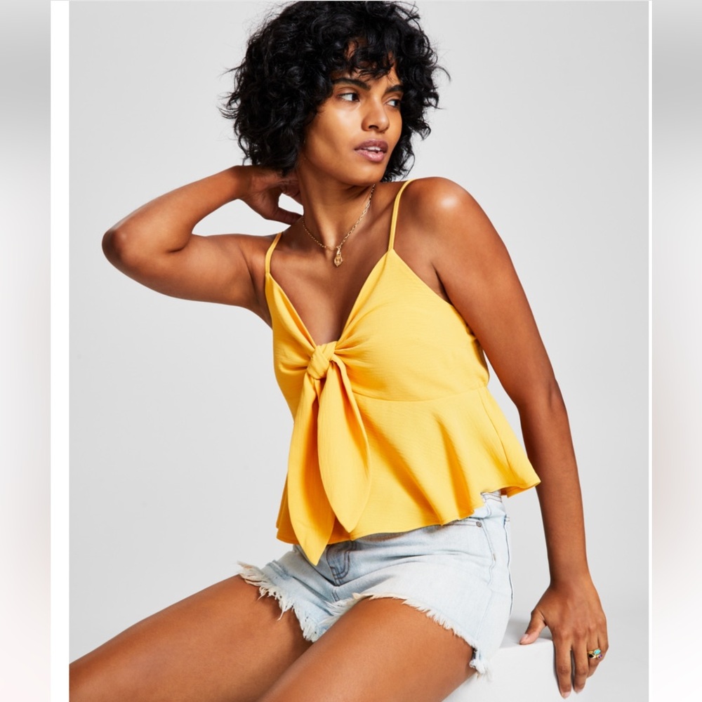 And Now This Knotted V-Neck Peplum Sleeveless Vibrant & Bold Yellow Cami Top